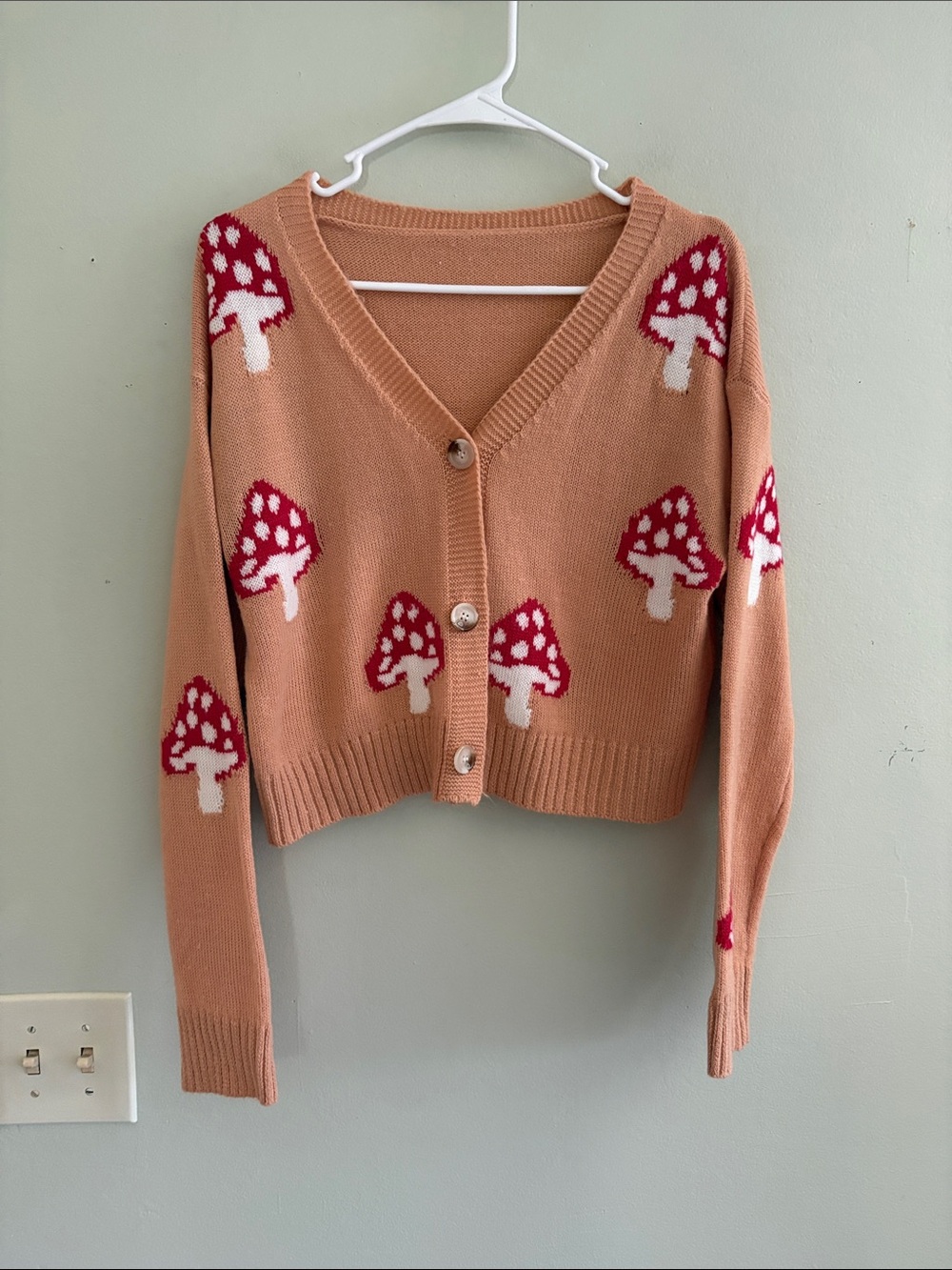 Peach Mushroom Print V-Neck Cardigan Sweater M
